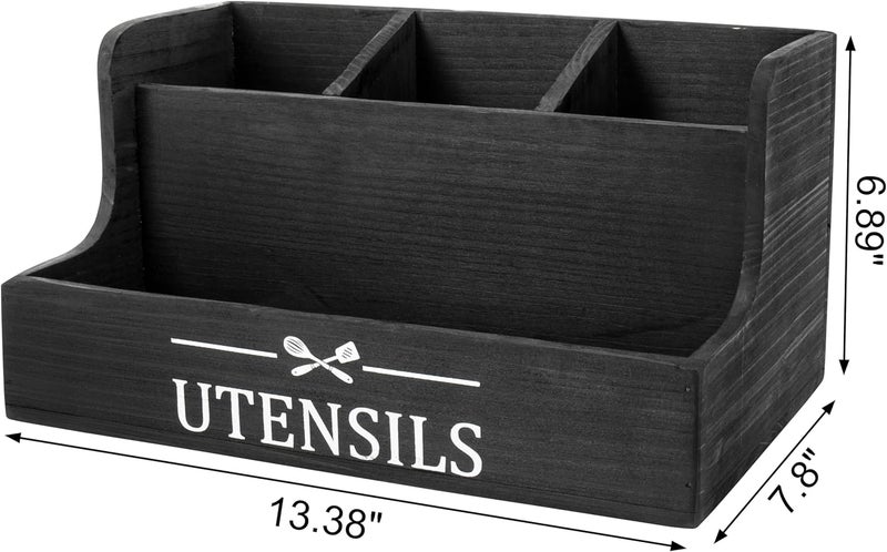 RedCall Extra Large Kitchen Utensils Holder 4 Compartments,Wood Utensil Organizer for Kitchen Countertop,Farmhouse Cooking Utensil Holder with Spice Storage space (Black) - Image 5